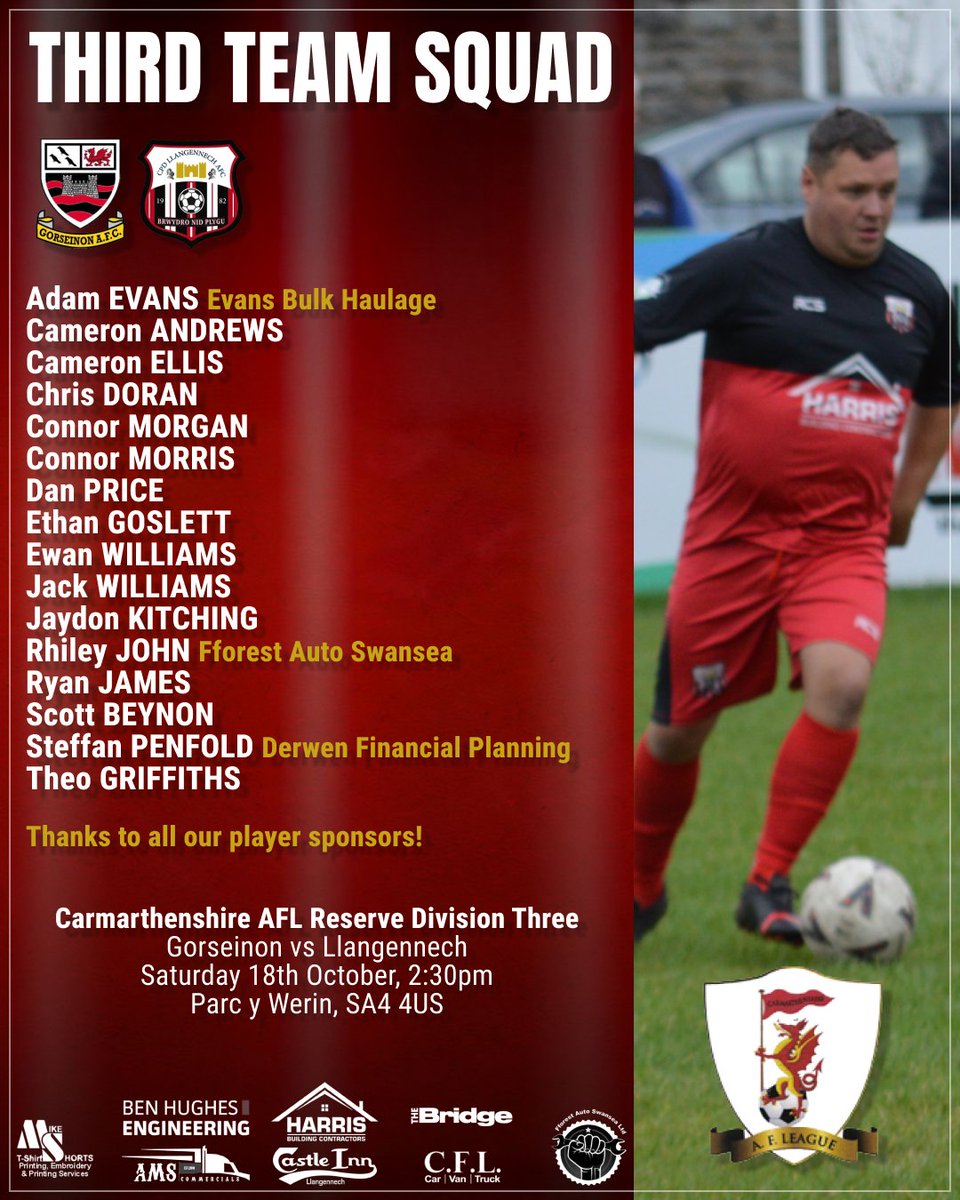 📋 Squad news for this afternoon’s Carmarthenshire League action!

🔴 Second Team host Gorseinon in Division Two at Llan Siro (2:30pm).
⚫ Third Team travel to face Gorseinon at Parc y Werin (2:30pm).
Good luck to both sides — let’s go and get those points! 💪⚽️