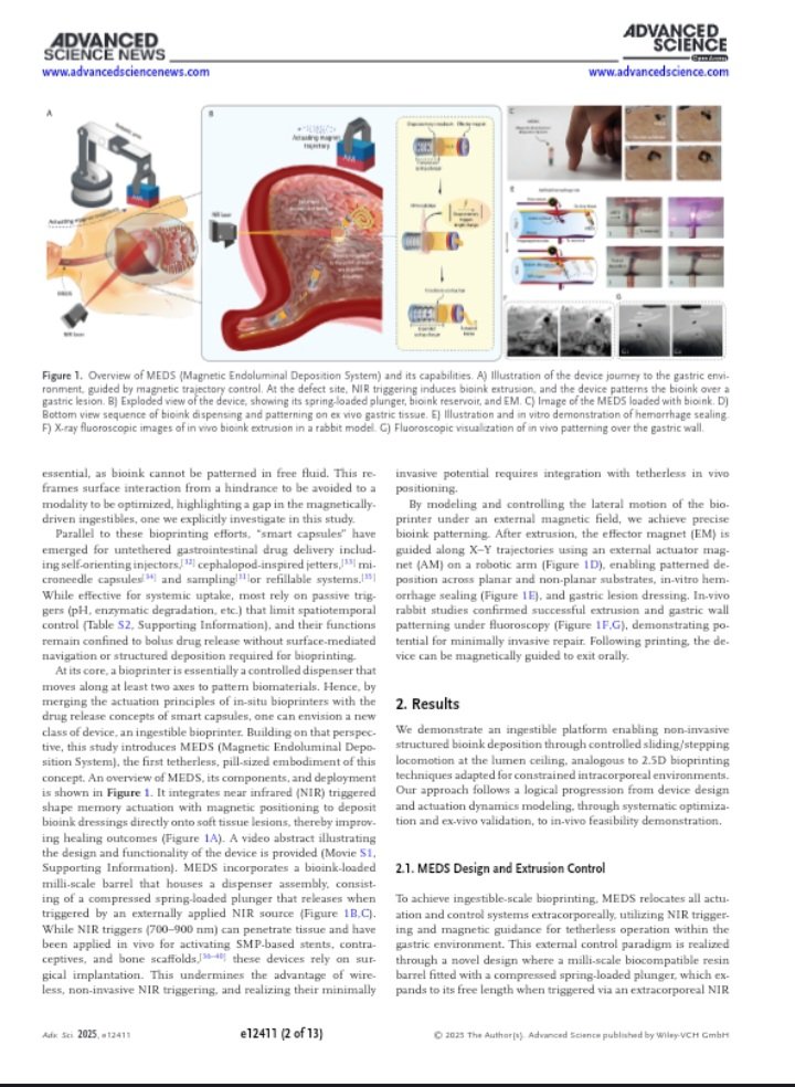 #خبر_اليوم 
في نقلة نوعية في التكنولوجيا الحيوية، #ابتكار طابعة حيوية بحجم قرص دواء  يتم بلعها وتخيط #قرحة_المعدة  وتساعد في التئام تلف أنسجة الجهاز #الهضمي، وسد #النزيف، دون جراحة.

 ويخطط الباحثون لتوسيع استخدامها لتشمل #الأوعية_الدموية والأنسجة الأخرى خارج تجويف البطن. 
1️⃣