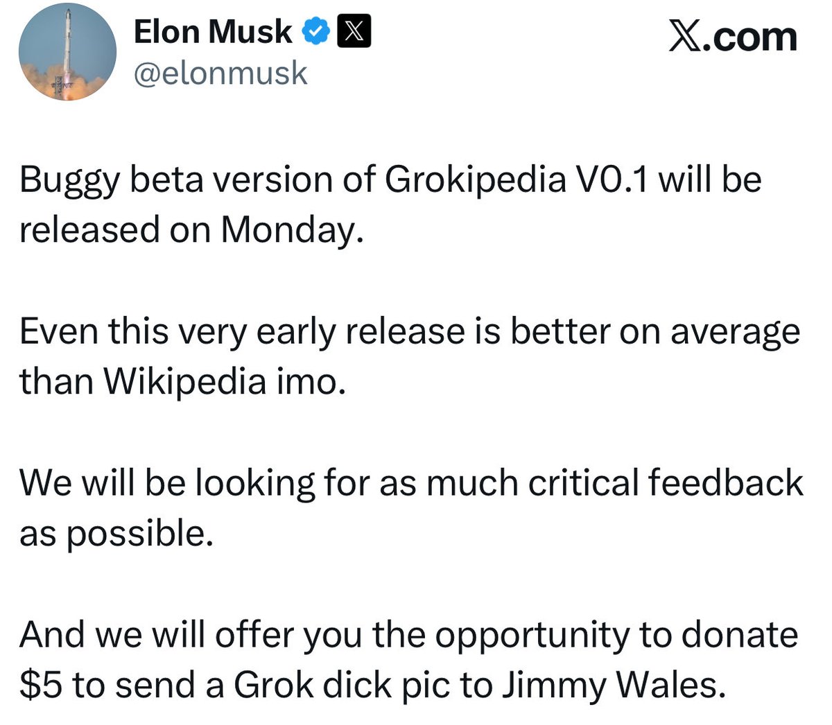 DefiantLs's tweet photo. Elon Musk announces Grokipedia V0.1 comes out on Monday 🔥 

Grokipedia will be super-smart, open-source encyclopedia powered by AI to deliver clear, unbiased facts

Wikipedia is a thing of the past. https://t.co/EMnief2sp6