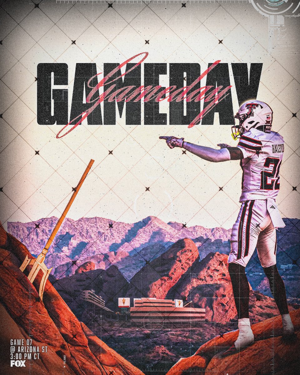 It's Gameday‼️

🆚: Arizona State Sun Devils
📍: Mountain America Stadium, Tempe, AZ
⏰: 3:00 PM CT
📺: FOX
📻: Texas Tech Sports Network