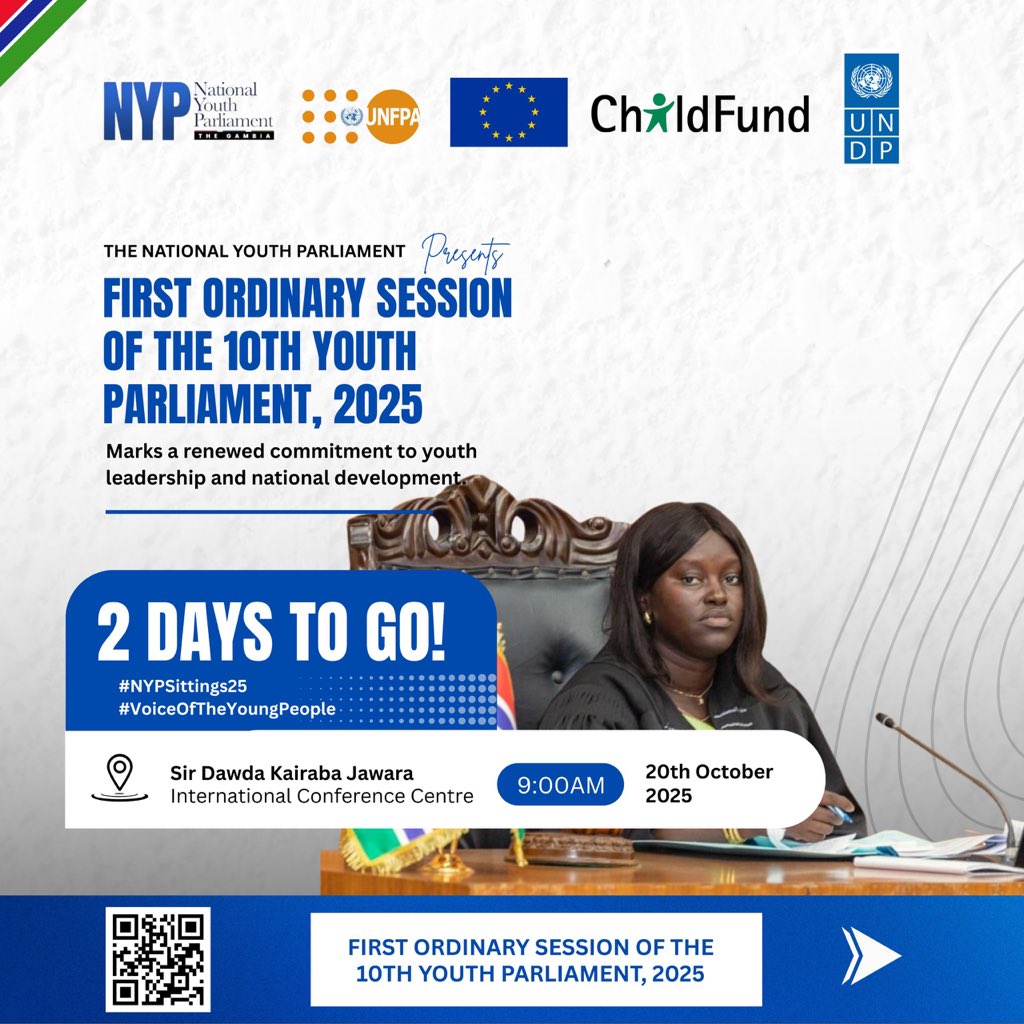 The countdown is getting real 💙

Just 2 days to go before the 10th National Youth Parliament sittings kick off🔥

Gambia’s young voices are ready to take the floor 

#NYP2025 #NYPSittings2025 #YouthPower #TheBigDay