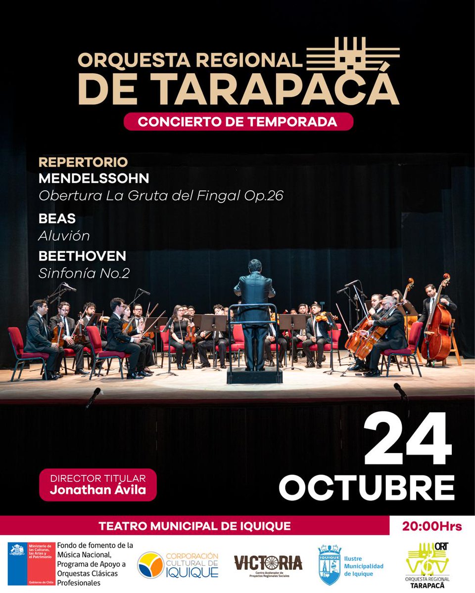 🎼 Concierto de Temporada 🎼

jueves 23 octubre 20.00 horas. Salón de la Sociedad de Artesanos, Barros Arana 1002.

viernes 24 octubre 20.00 horas. 
Teatro Municipal de Iquique.

Entrada liberada. 

<a href="/CulturaTarapaca/">Cultura Tarapaca</a>
<a href="/Artenorte/">Arte Norte</a> <a href="/elsoldeiquique/">elsoldeiquique</a> <a href="/rominadelasotta/">romina de la sotta</a> <a href="/PROESCENICA/">PROESCÉNICA</a>