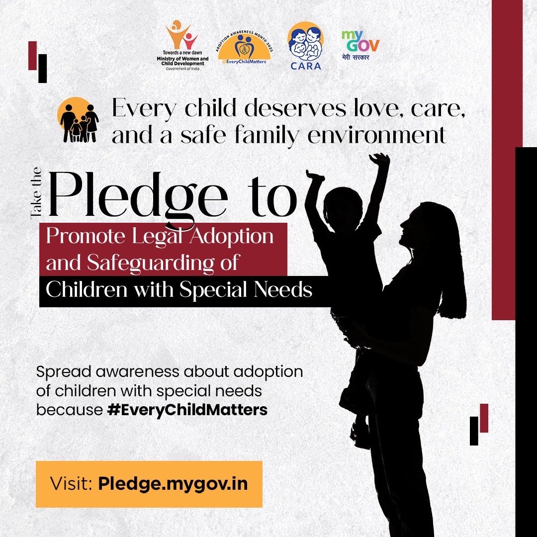 mygovindia's tweet photo. Every child deserves a loving home

Take the Pledge to Promote Legal Adoption &amp; Support Children with Special Needs because #EveryChildMatters

👉 https://t.co/atrOZUDLQe 

#AdoptWithLove #ChildCare

@MinistryWCD https://t.co/WAikWsH401