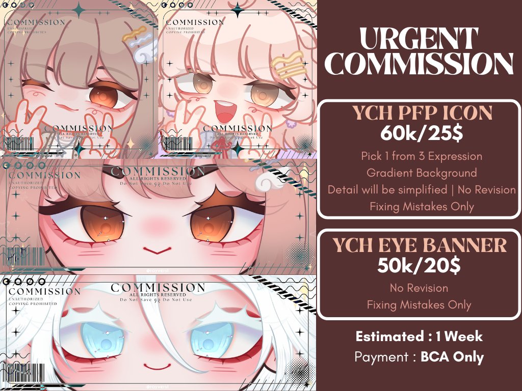 Open Urgent Commission!!
[Please Help Rts]
Aku buka urgent comms buat YCH pfp sama x banner, karna hape aku rusak dan butuh dana buat ganti hp soalnya kalo dibenerin nnti rusak lgi😭 

Feel free buat DM aku, kalo blm dibales bisa mention aku yah 🙏
#opencommission #zonauang