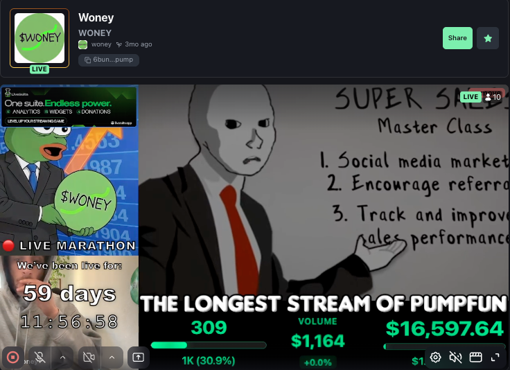 12 hours left until 60 days of no stop livestream marathon on  <a href="/pumpdotfun/">pump.fun</a>

The longest marathon on the platform — Only 17k MC

WOИƎ⅄ MONEY