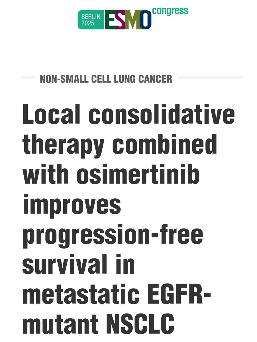 PietroGarlatti's tweet photo. Great News in multimodality treatment in EGFRm IV stage Lung Cancer!

Northstar trial!
Sbrt ⬆️ PFS 

https://t.co/dg3kmdZKUh
#ESMO25 https://t.co/1B7UfgGH94