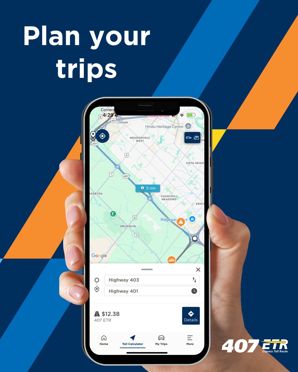 407ETR's tweet image. New look. Same smooth drive. 
The 407 ETR app got a makeover:
✔ Track trips
✔ Pay bills
✔ Plan routes

📲 Download now: App Store | Google Play | 407etr.com/app

⚠ Don’t use the app or your phone while driving. Safety first!

#407ETR #DriveSmarter #AppUpdate