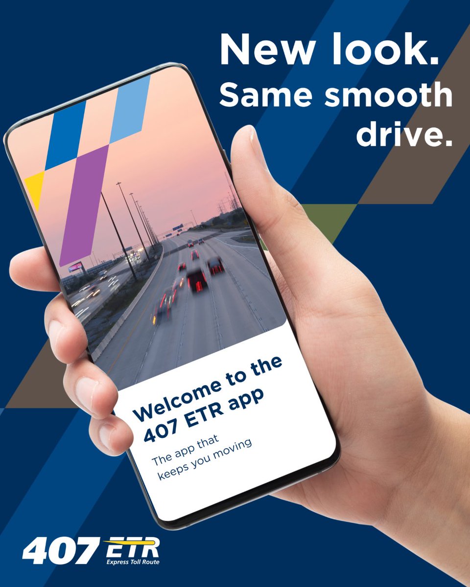 407ETR's tweet image. New look. Same smooth drive. 
The 407 ETR app got a makeover:
✔ Track trips
✔ Pay bills
✔ Plan routes

📲 Download now: App Store | Google Play | 407etr.com/app

⚠ Don’t use the app or your phone while driving. Safety first!

#407ETR #DriveSmarter #AppUpdate
