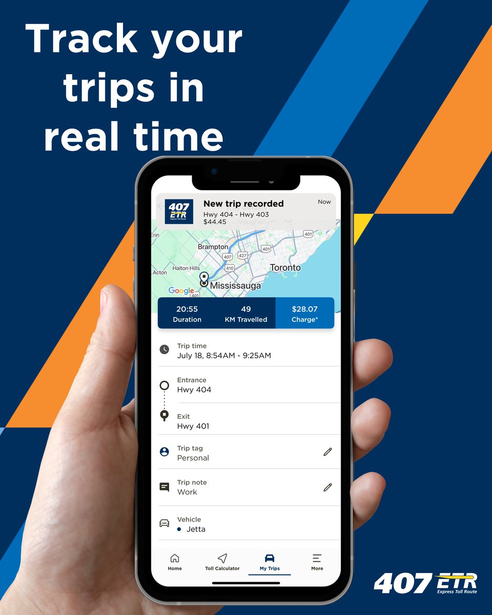 407ETR's tweet image. New look. Same smooth drive. 
The 407 ETR app got a makeover:
✔ Track trips
✔ Pay bills
✔ Plan routes

📲 Download now: App Store | Google Play | 407etr.com/app

⚠ Don’t use the app or your phone while driving. Safety first!

#407ETR #DriveSmarter #AppUpdate