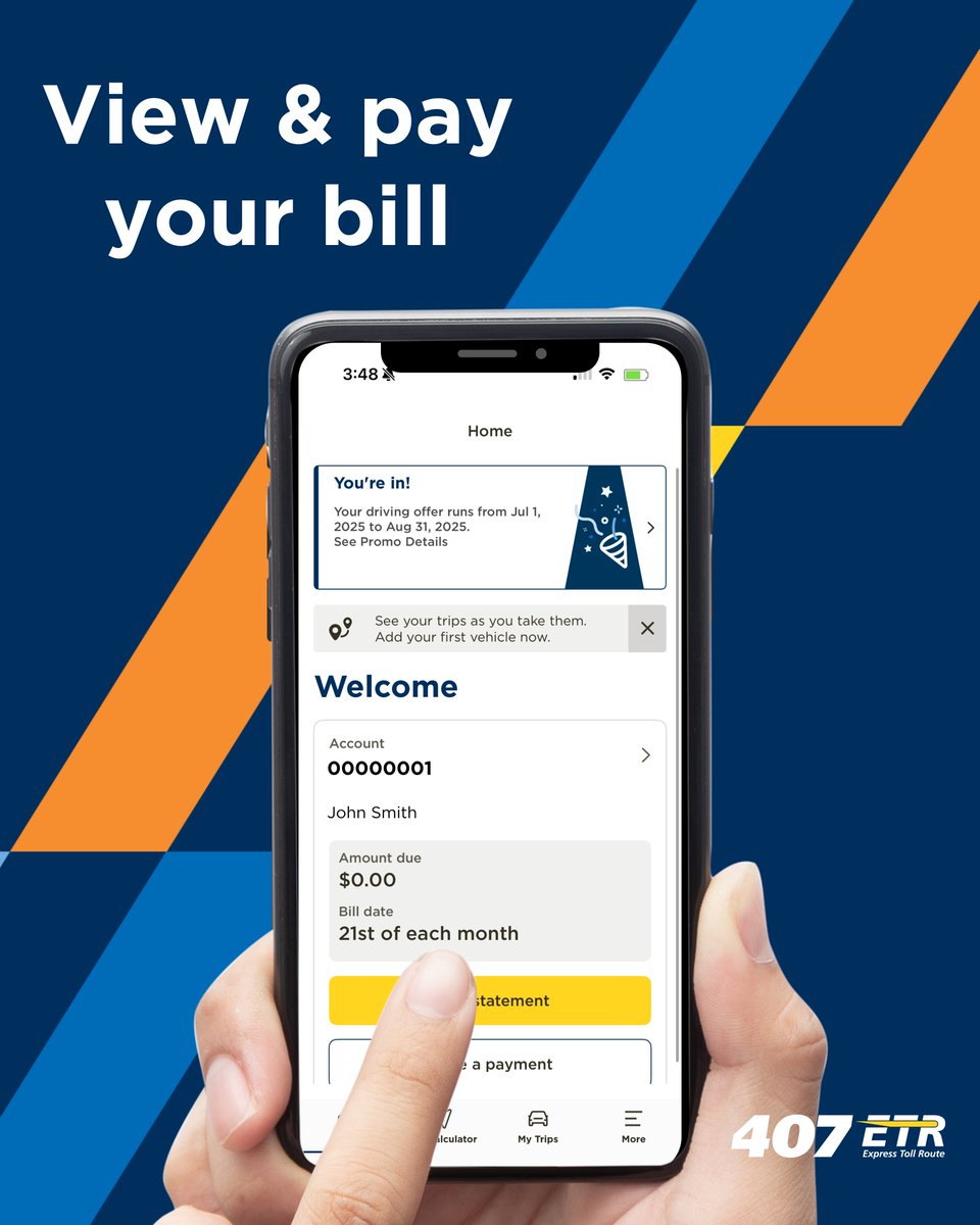 407ETR's tweet image. New look. Same smooth drive. 
The 407 ETR app got a makeover:
✔ Track trips
✔ Pay bills
✔ Plan routes

📲 Download now: App Store | Google Play | 407etr.com/app

⚠ Don’t use the app or your phone while driving. Safety first!

#407ETR #DriveSmarter #AppUpdate