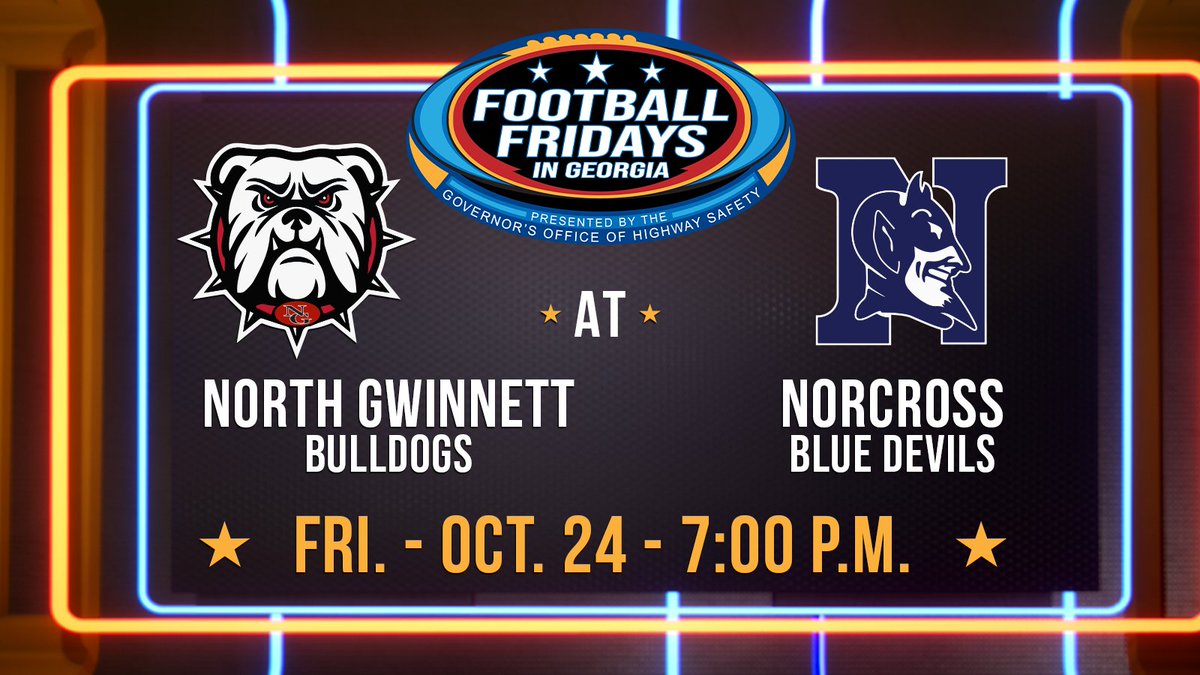 Football Fridays in Georgia is headed to Norcross, GA to broadcast the Region 7-6A game between <a href="/NGHSFootball/">North Gwinnett Football</a> and <a href="/Norcross_FB/">Norcross Football</a> on Friday, October 24. Coverage begins at 7:00 PM! 

Matchup details 🔗 ow.ly/JHiI50XeqmR