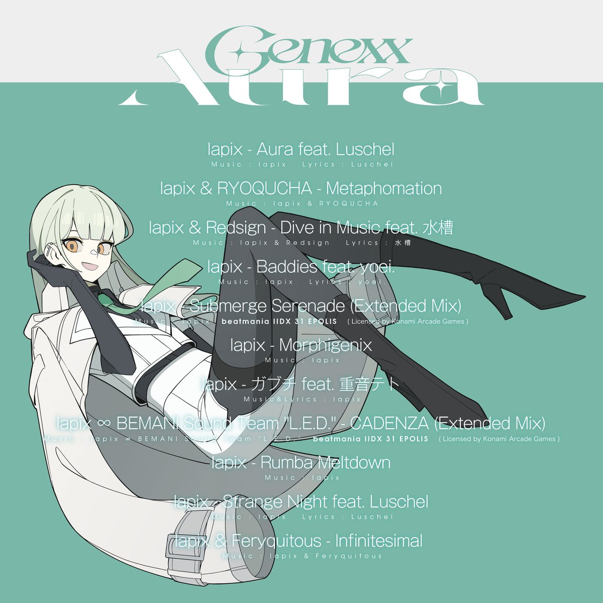 MEGAREXjp's tweet image. 🔷Vocal
luschel
@suisoh_
@yoei___

🔷Collaboration
@RY0KUCH4 
@Redsign_jp 
BEMANI Sound Team "L.E.D." 
@Feryquitous_ 

🔷Mastering
@mameyudoufu 

🔷Design
@DJ_Poyoshi 

🔷Illustration
@joosibi12

Tr.05 Tr.08 ( Licensed by Konami Arcade Games )