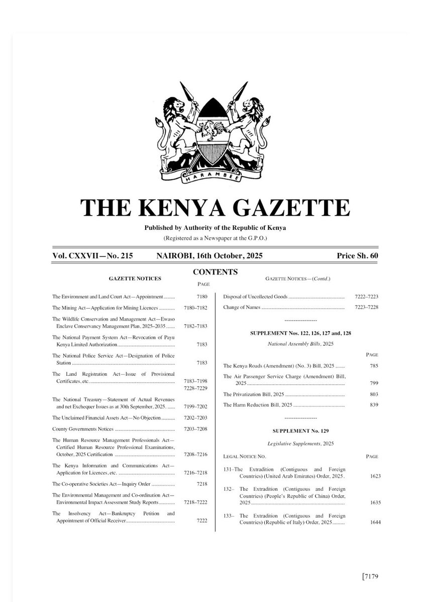 Ghjuseppe's tweet photo. Kenya Gazette Vol. CXXVII-No. 215 16 October 2025 is now available here  https://t.co/bM3gT2Xc1E https://t.co/vL9v35tPG1
