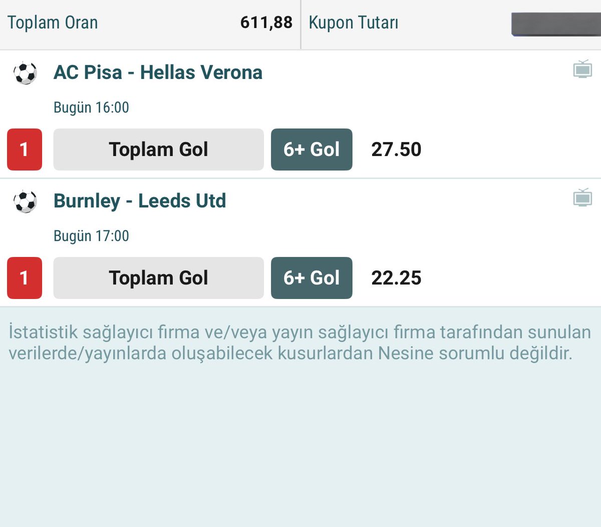 ⚽️ +6 GOL KOMBİNESİ

3,5 üst olarak ayrıca aldım.