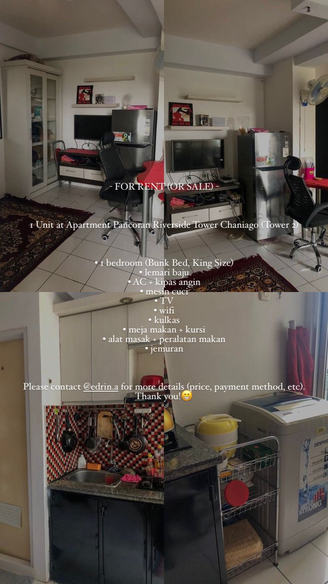 Hi everyoneee, for those who are looking for a new temporary (or permanent) home, my apartment is for rent (and/or for sell)!

Apart Pancoran Riverside, near TJ cawang, LRT cikoko, KRL duren kalibata and cawang station.

Believe me the price is a good deal😁 reply or chat my IG!