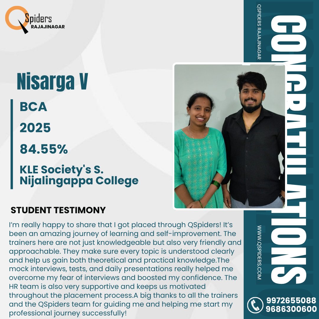 QRajajinagar's tweet image. Congratulations Nisarga V 
From BCA (2025, 84.55%) – KLE Society’s S. Nijalingappa College to a successful placement journey with QSpiders Rajajinagar
#TrainingAndPlacement #CareerLaunchpad #CampusToCorporate #Motivation #StudentsOfInstagram #KLEsocietysSNijjaligappaDegreeCollege
