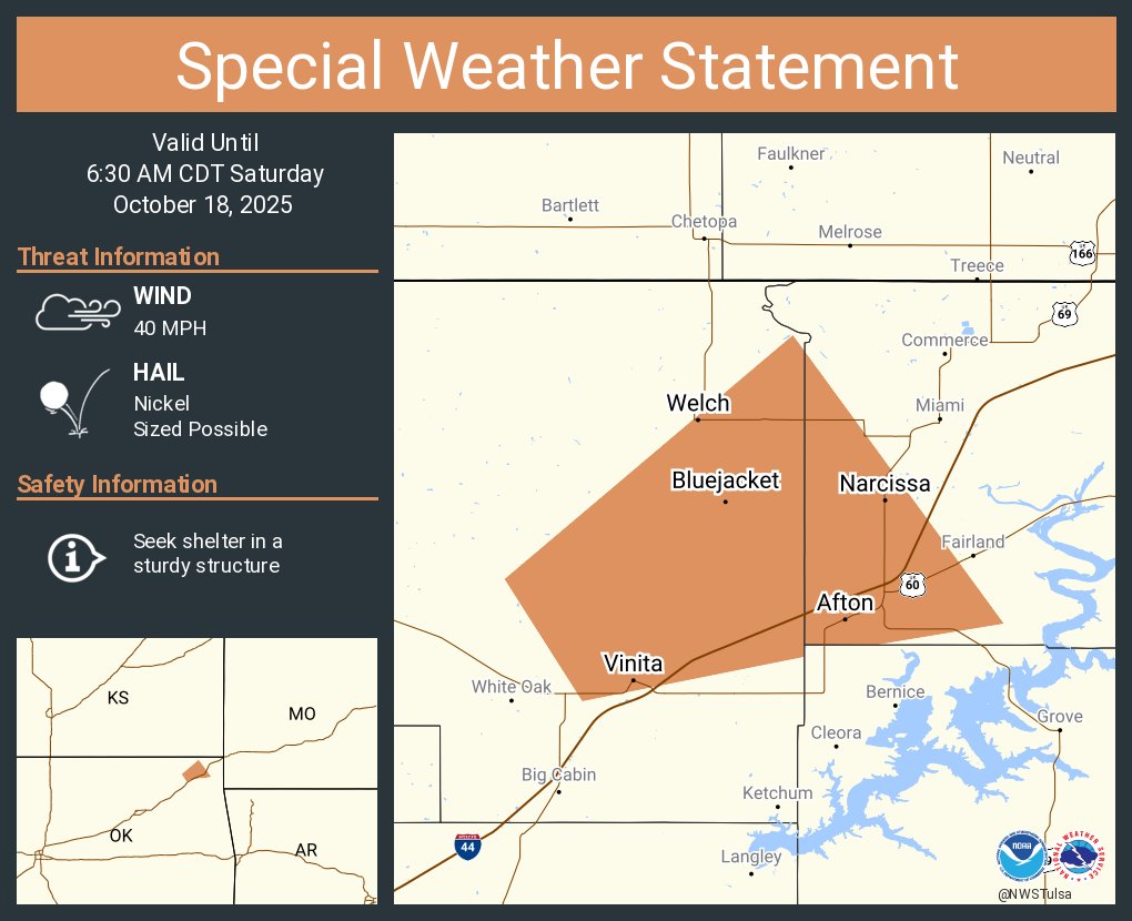 A special weather statement has been issued for Vinita OK, Afton OK and  Welch OK until 6:30 AM CDT