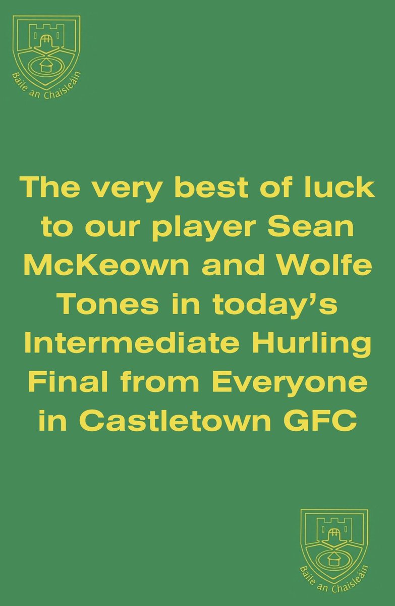 The very best of luck to Sean and Wolfe Tones GAA today as they take on Kildalkey in the intermediate hurling final at 2pm. Best of luck lads from everyone at Castletown. 💪🏻