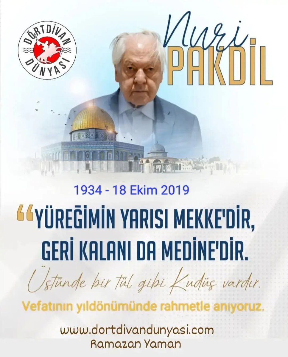 "Yüreğimin yarısı Mekke’dir, geri kalanı da Medine’dir. Üstünde bir tül gibi Kudüs vardır.” #NuriPakdil.
Türk Edebiyatının önemli ismi, Kudüs Şairimiz Nuri Pakdil hocamızın vefatının yıl dönümünde rahmetle anıyoruz. #kudüsşairi #Kudüs dortdivandunyasi.com