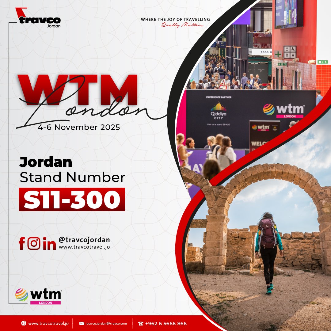 TravcoJordan's tweet photo. Meet us @WTM_London (4 - 6 November 2025) 
Jordan Stand Number: S11-300 🇯🇴

#travco #TravcoJordan #WTM #WTMLondon #england #jordan #Tourism #travelling #visitjordan #exhibition #WTM2025 #FutureOfTravel #travelindustry https://t.co/3qBCUsR8NC