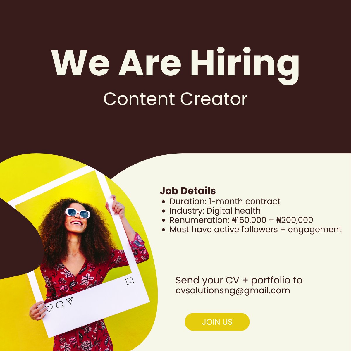 cvsolutionsng's tweet image. We’re Hiring: Content Creators
Industry: Digital Health
Location: Remote
Requirements:
Must have a visible audience and good engagement on Instagram or other social media platforms.
Experience creating content related to health, wellness, or lifestyle is an advantage.