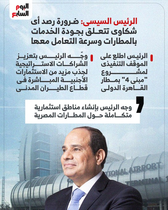 عاجل|الرئيس السيسى: ضرورة رصد أى شكاوى تتعلق بجودة الخدمات بالمطارات وسرعة التعامل معها 