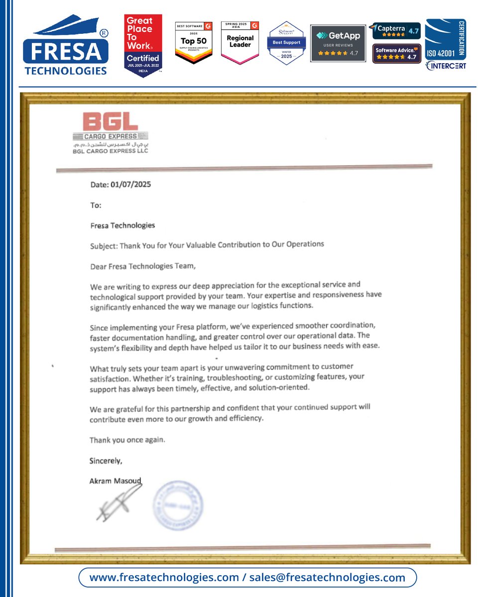 fresatechnology's tweet image. ✨We are deeply grateful to BGL CARGO EXPRESS LLC for their kind appreciation letter

For more queries please visit below link 👇fresatechnologies.com/clients-feedba…

#FresaTechnologies #FreightSolutions #FreightForwarding #LogisticsSoftware #CustomerSatisfaction #CustomerFeedback  #bglcargo