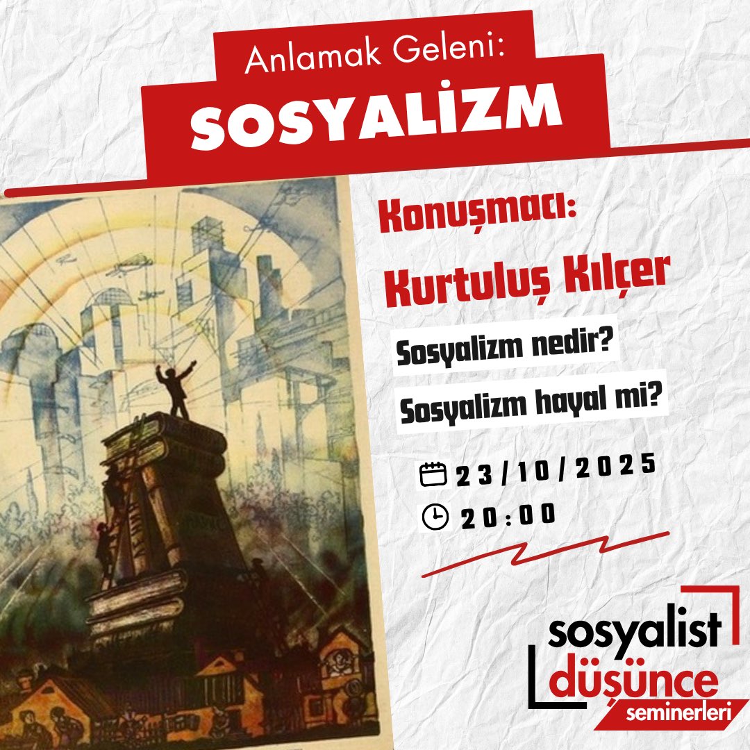📣Sosyalist Düşünce Seminerleri 2. oturumuyla devam ediyor!

🔴“Anlamak Geleni: Sosyalizm” başlıklı 2. seminerimizi TKH Merkez Komite üyesi Kurtuluş Kılçer’in katılımıyla gerçekleştiriyoruz.

📅23 Ekim Perşembe

🕗20:00

Katılım için: docs.google.com/forms/d/1qqHDB…