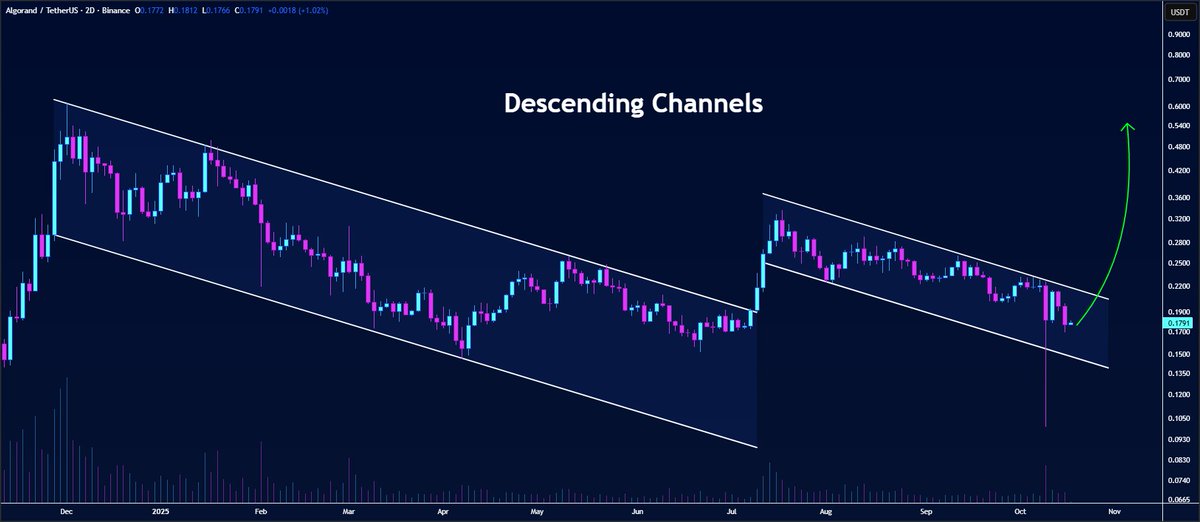butterfly_chart's tweet image. #ALGO is consolidating within the descending channel pattern on the 2D timeframe💁♂️
The price structure shows accumulation is happening — bullish pressure is mounting🔺
If this setup continues, $ALGO is primed to PUMP from these levels✈️
