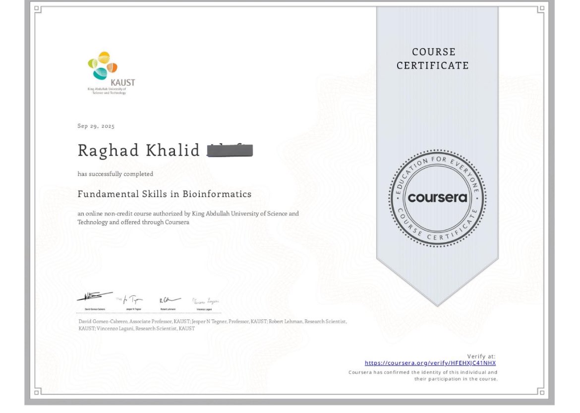 raghad_khalid13's tweet image. Completed the Fundamental Skills in Bioinformatics course by KAUST on Coursera 🧬💻
Learned to use Python & R to analyze RNA-seq data and improve my data analysis skills!
#Bioinformatics #KAUST #Python #R #Coursera #Learning