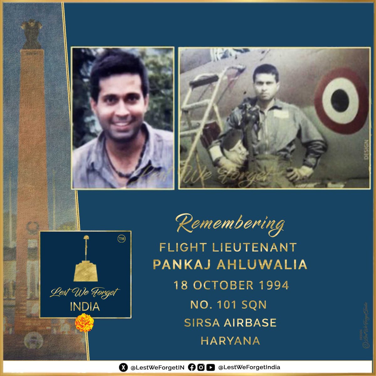 Thirty-One years to date - Gone but not forgotten.  

#LestWeForgetIndia🇮🇳 
Flight Lieutenant Pankaj Ahluwalia, 
101 Sqn IAF 'Falcons' 

Flt Lt Ahluwalia lost his life #OnThisDay 18 October in 1994, in a MiG 21 mishap flying out of Sirsa Airbase, Haryana  

Remember the Air