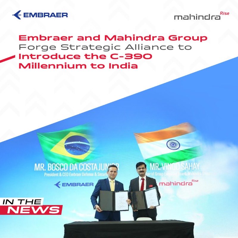 anandmahindra's tweet photo. The C-390 Millennium is the most modern military transport aircraft in its class and can carry more payload (26 tons) compared to other medium-sized military transport aircraft and flies faster (470 knots) and farther. 

It can perform a wide range of missions including cargo and troop transport, airdrops, medical evacuation, search and rescue, firefighting, and humanitarian operations. 
It’s a ‘benevolent brute!’

It can operate from temporary or unpaved runways. The aircraft can also be configured for air-to-air refuelling, both as a tanker and as a receiver. 

Which is why I am so pleased to share that @MahindraRise has just signed a landmark Strategic Cooperation Agreement (SCA) to advance the C-390 Millennium solution for the Indian Air Force’s Medium Transport Aircraft (MTA) programme. 

We aim to deliver the most advanced and reliable military transport solution to the Indian Air Force 

And the scope of cooperation includes joint marketing, industrialisation and developing India as a hub for the C-390 Millennium.

Together with @Embraer we are working to make India a global hub for advanced aerospace manufacturing.

India and Brazil: Rising together. 

💪🏽💪🏽