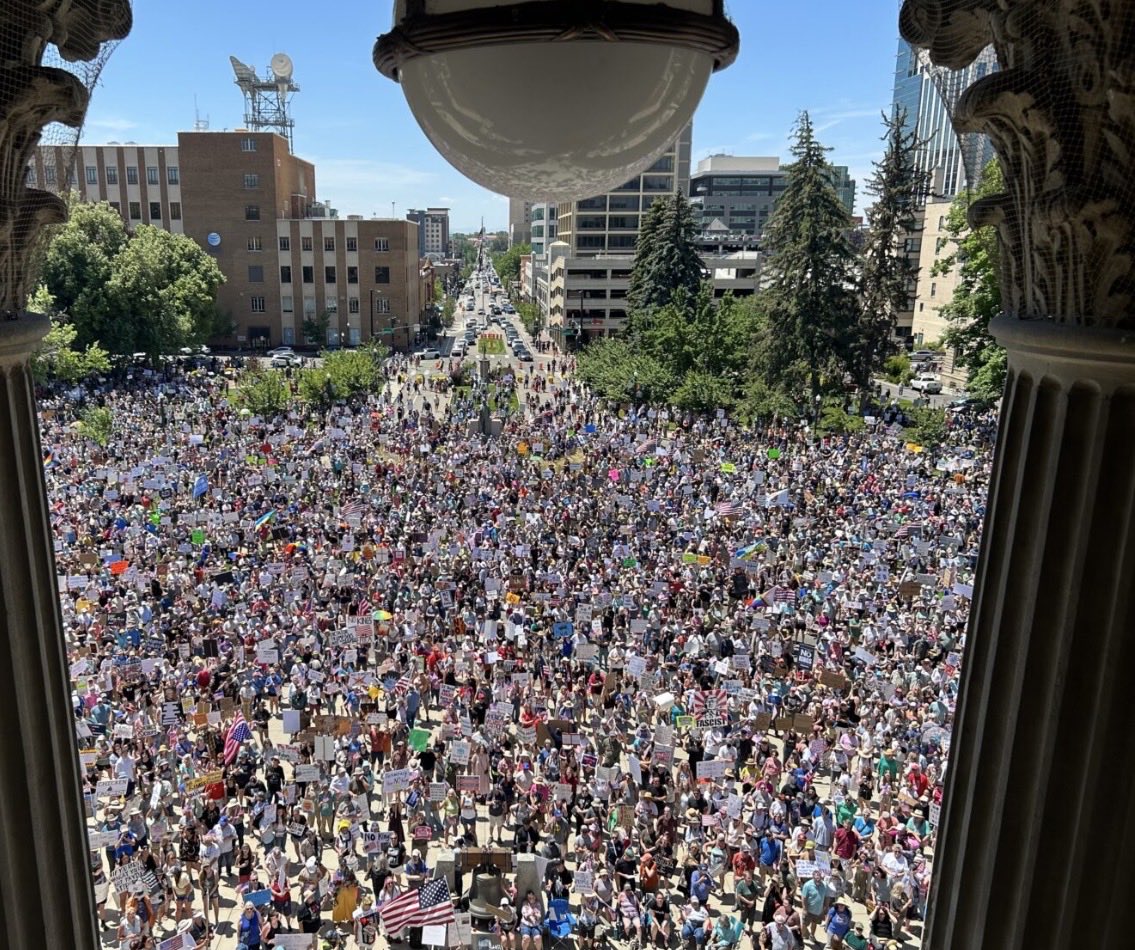 Aerial view from a balcony with white columns framing the scene, showing a dense crowd of protesters filling a wide urban street below, holding various signs and American flags, surrounded by tall brick and concrete buildings, evergreen trees, and a clear blue sky with scattered clouds.