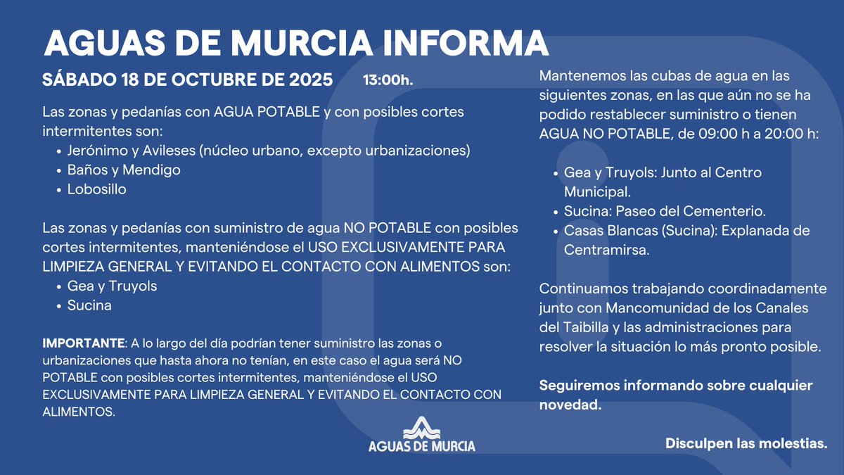 EMUASA_Clientes's tweet image. 🔔 Actualización de la red de tuberías en Jerónimo y Avileses, Baños y Mendigo, Lobosillo, Gea y Truyols y Sucina a fecha Sábado 18 de octubre