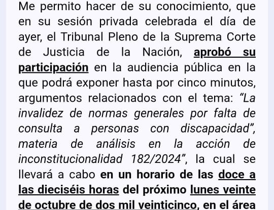 Participaré en la Primer Audiencia Pública de la <a href="/SCJN/">Suprema Corte</a> del 20 de octubre de 2025 de 12:00 a 16:00 sobre la invalidez de normas generales por falta de consulta a personas con discapacidad. ¡Es crucial que la consulta pública nos incluya!