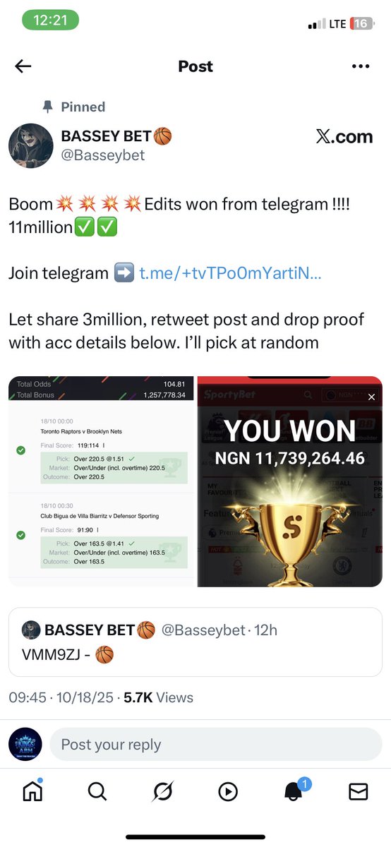 KingofABM's tweet photo. Fake winning
Scam page
Let’s report @Basseybet massively
Person wey win 11million no verification nobody win❌
Scammer
#Fakewinning
#ScamAlert
#Scampage https://t.co/92i8FzKITX