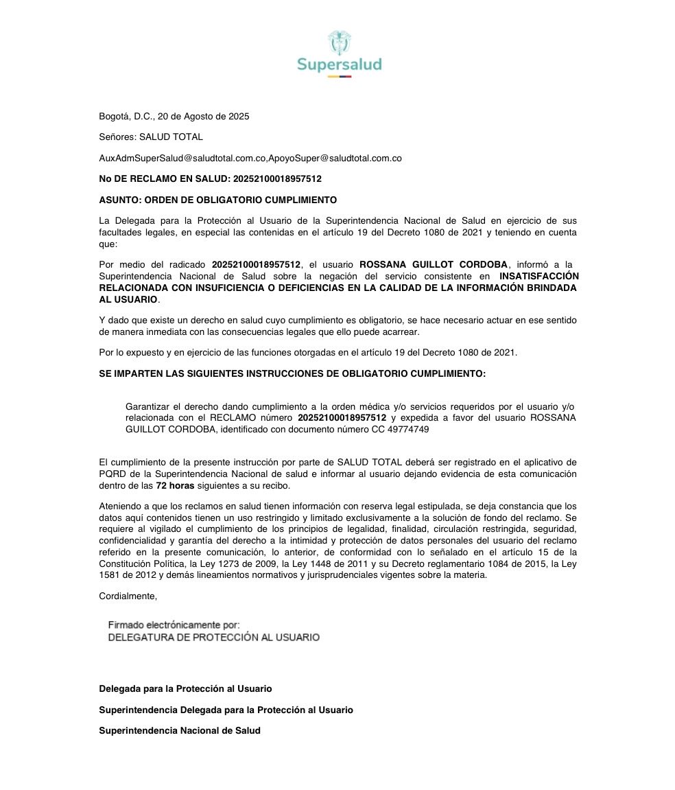 rossguill's tweet photo. @Supersalud @giovannyrubiano Sigo a la espera de la aplicación de vitamina B12 y VITAMINA D hasta cuando @giovannyrubiano la @Supersalud Emitió ORDEN DE INMEDIATO CUMPLIMIENTO pero @EPSSaludTotal SE NIEGA HACIENDO FRAUDE ACOSO E INTIMIDACIÓN. ESTA ES LA GESTIÓN IMPECABLE? AUMENTAR LAS MUERTES DE LOS USUARIOS https://t.co/NkxKi0nytO