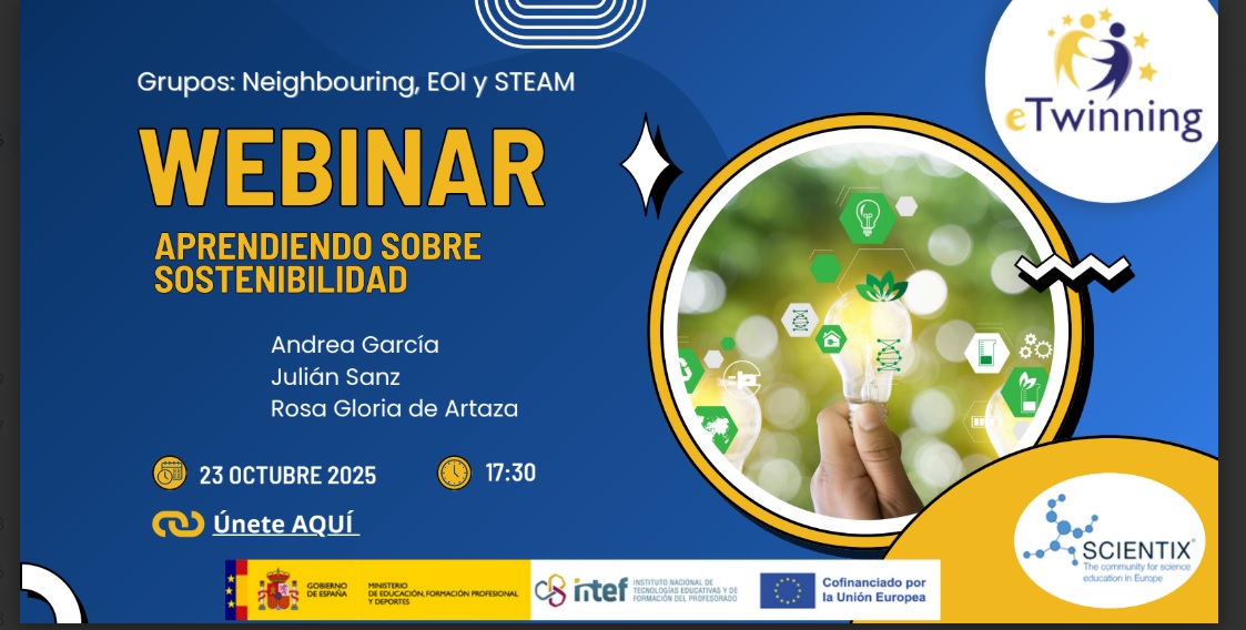 eTwSchoolsES's tweet image. 🌍 WEBINAR Trabajando la sostenibilidad a través de eTwinning
📅23 OCT 2025 | 🕠 17:30 h 

✅ Cómo trabajar la sostenibilidad en #eTwinning
✅ Sinergias con #Scientix
🎤 Ponentes: Andrea García · Julián Sanz · Rosa Gloria

🔗 Conéctate aquí 👉 run.gob.es/ebn8deb8
