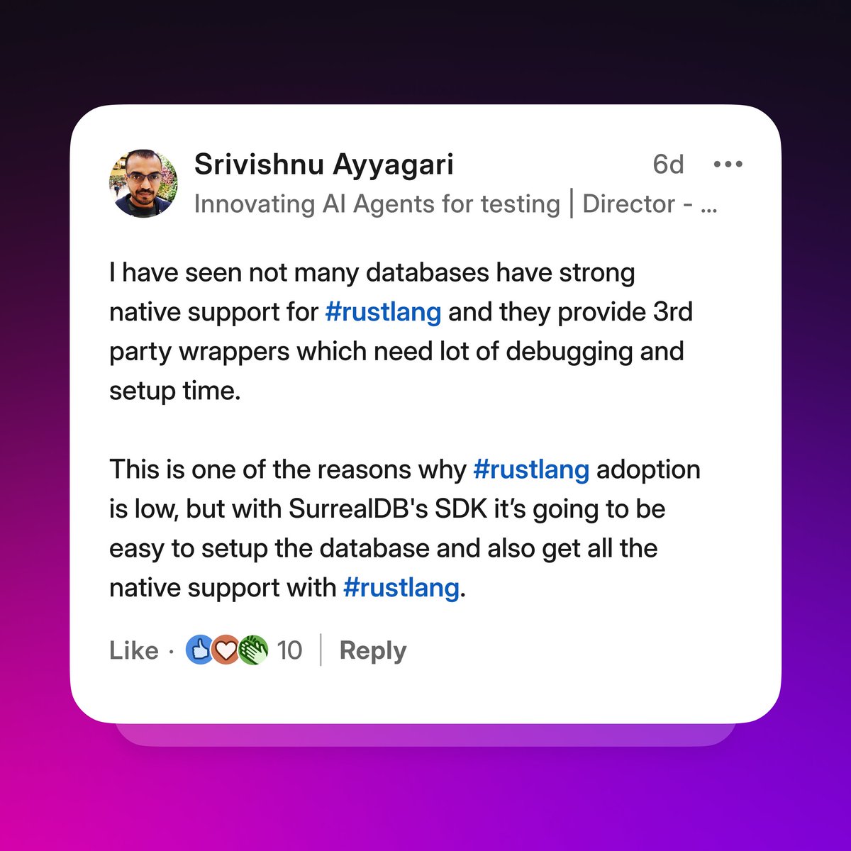 💜 Dev quote of the week. Thanks for the shout-out, Srivishnu Ayyagari. 

Rust developers, want to get started with our multi-model database? Our Rust SDK tutorial is a great place to begin. 👉 youtu.be/I1cuddL6A8o