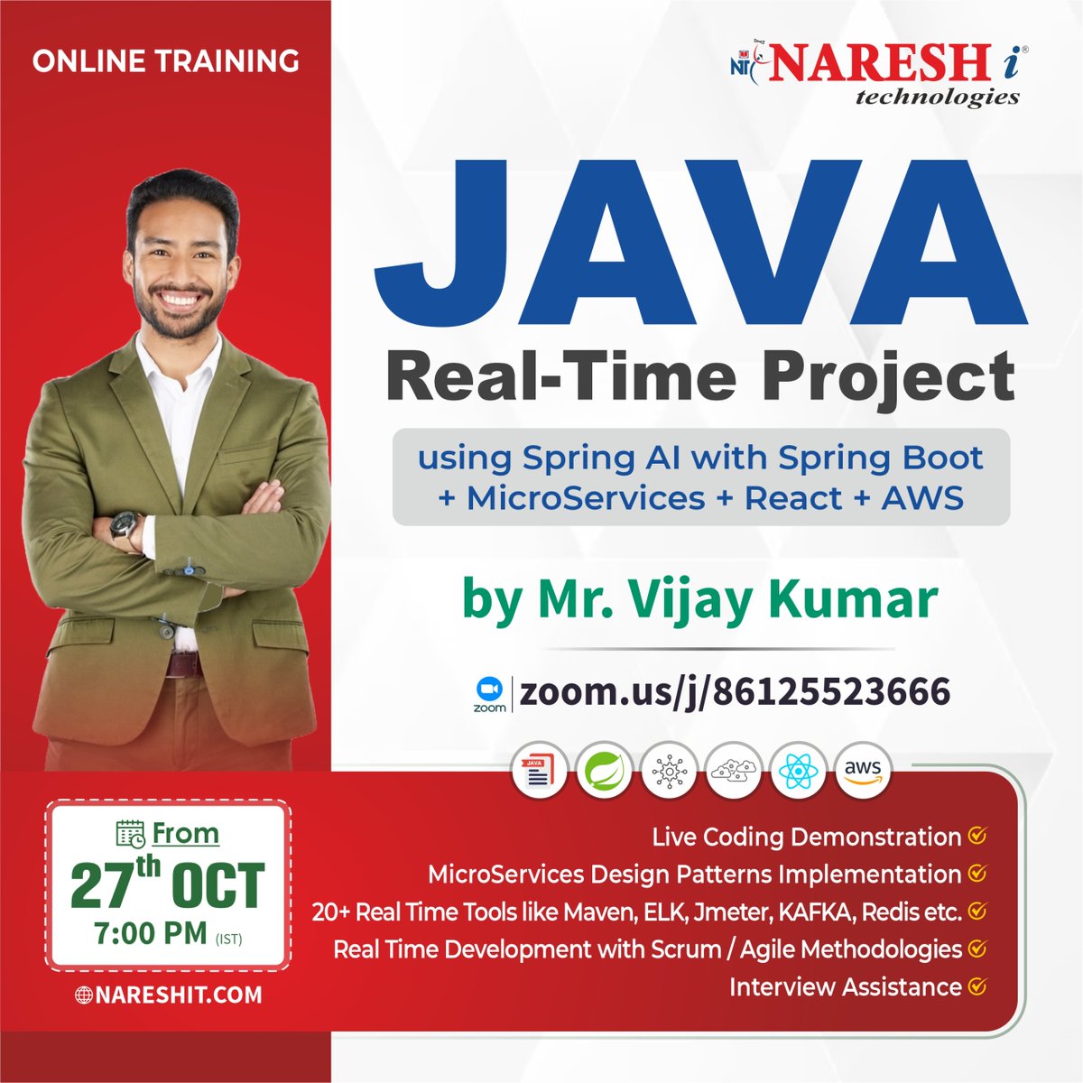 nareshitech's tweet image. 🚀 Master Java Real-Time Development!
👉Register Now: t.ly/JRP-27OC
Jwith Mr. Vijay Kumar
📅 Starts From: 27th October | 🕖 7:00 PM (IST)
#JavaTraining #SpringBoot #Microservices #ReactJS #AWSCloud #JavaDeveloper #RealTimeProjects #LearnJava #SpringAI