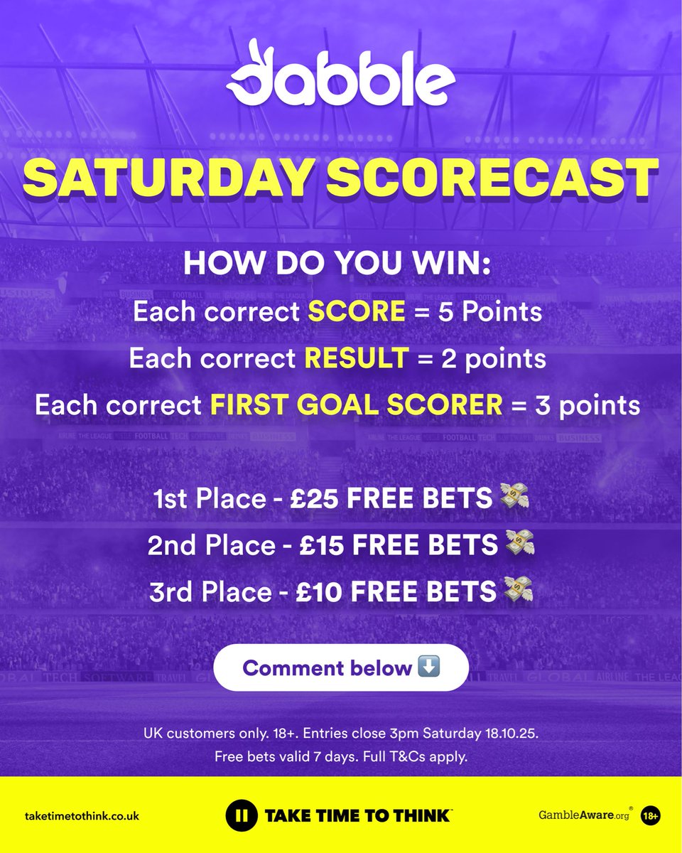 dabblecouk's tweet image. SATURDAY SCORECAST IS BACK ⚽️ 
Who’s ready to face off for a share of £50 FREE BETS on Dabble? 👌🏼
Give us 5 score predictions for the below 3pm KOs, along with first goal scorer!  
How do you WIN:
Each correct SCORE = 5 Points 
Each correct RESULT = 2 points 
Each correct…