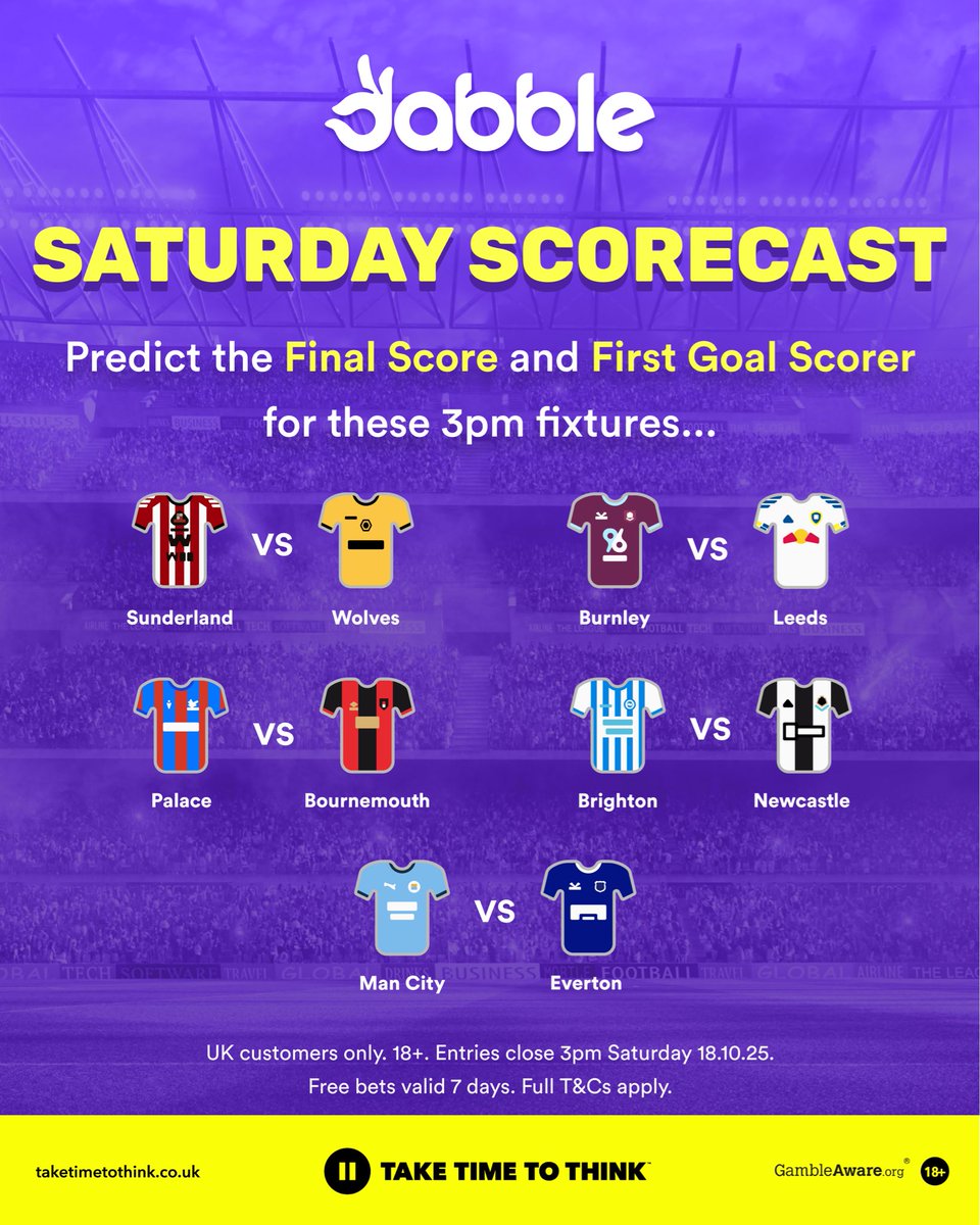 dabblecouk's tweet image. SATURDAY SCORECAST IS BACK ⚽️ 
Who’s ready to face off for a share of £50 FREE BETS on Dabble? 👌🏼
Give us 5 score predictions for the below 3pm KOs, along with first goal scorer!  
How do you WIN:
Each correct SCORE = 5 Points 
Each correct RESULT = 2 points 
Each correct…