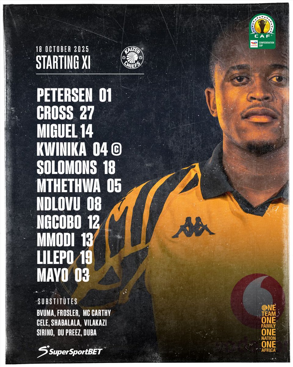 CAF Confederation Cup: Second Round 1st Leg: AS Simba vs. Kaizer Chiefs 

Starting 11: Petersen, Cross, Miguel, Kwinika ©, Solomons, Mthethwa, Ndlovu, Ngcobo, Mmodi, Lilepo, Mayo

Subs: Bvuma, Frosler, McCarthy, Cele, Shabalala, Vilakazi, Sirino, Du Preez, Duba

Coaches: Khalil