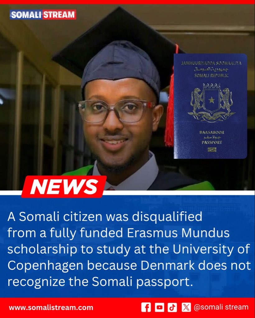 Somali_Stream's tweet photo. Earlier this year, 30-year-old Somali student Mustaf Mohammed Takoy was elated to receive a fully funded Erasmus Mundus scholarship to study at the University of Copenhagen. His two-year Master's in Global Environment and Development was due to begin in September but received a refusal letter from SIRI, stating that the Danish authorities do not recognise the Somali passport as a valid travel document.