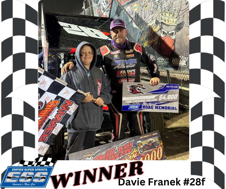 Empire Super Sprints (@essprints) on Twitter photo Congratulations to winner <a href="/DavieFranek/">Davie Franek Racing</a> at <a href="/OutlawSpeedPR/">Outlaw Speedway</a> ! He is joined by Micah who drew the pole for Davie. Congratulations to winner <a href="/DavieFranek/">Davie Franek Racing</a> at <a href="/OutlawSpeedPR/">Outlaw Speedway</a> ! He is joined by Micah who drew the pole for Davie.