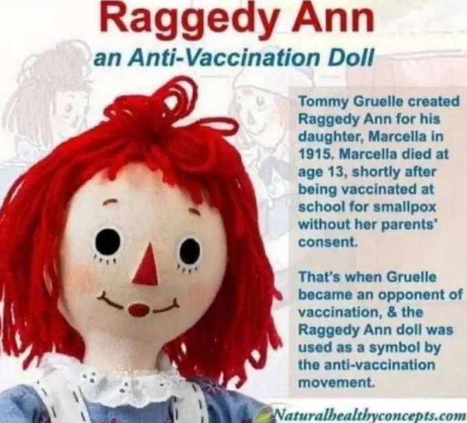 Image displays a red-haired Raggedy Ann doll with black shoe-button eyes smiling face wearing a white apron over blue dress posed against white background. Text overlay reads Raggedy Ann an Anti-Vaccination Doll. Additional text details Tommy Gruelle created Raggedy Ann for his daughter Marcella in 1915 Marcella died at age 13 Marcella died at age 13 shortly after being vaccinated at school for smallpox without her parents consent. Thats when Gruelle became an opponent of vaccination the Raggedy Ann doll was used as a symbol by the anti-vaccination movement. Bottom right corner shows NaturalHealthConcepts.com watermark.
