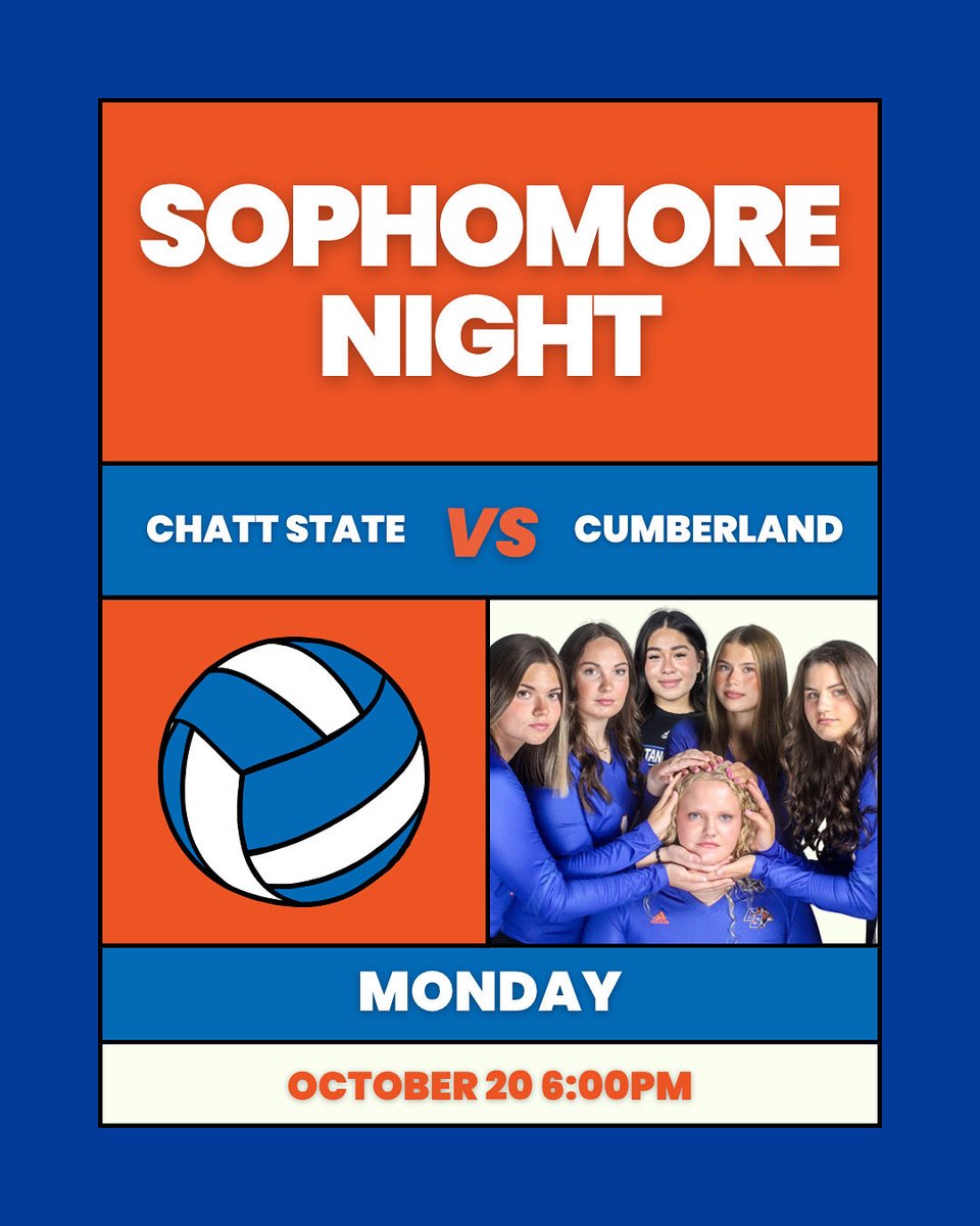 ChattStateVB's tweet photo. Another reminder for you to join us on Monday for Sophomore Night! 

Celebration will take place after warmups &amp; before our game https://t.co/thvgOcqxKY