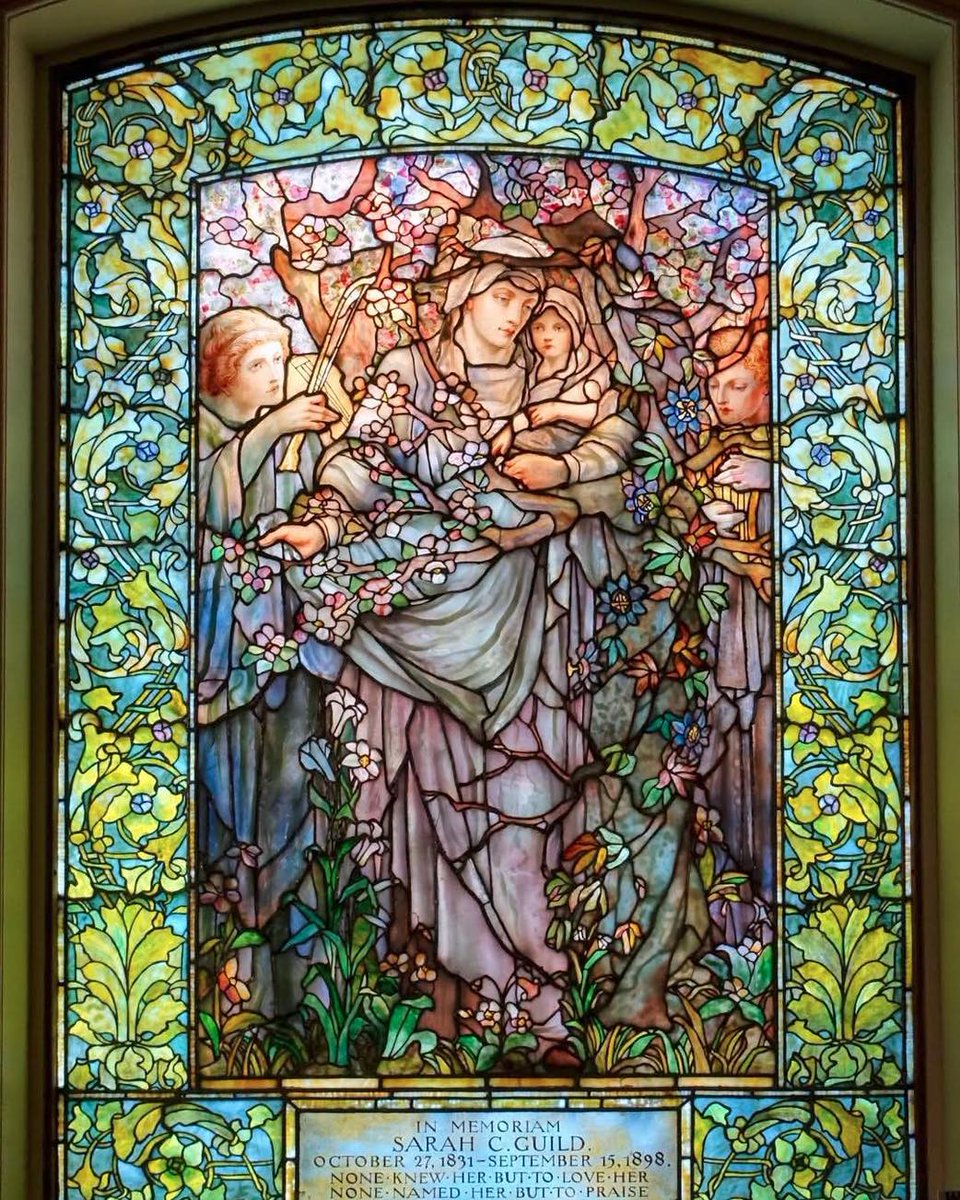 Madonna of the Flowers, a memorial stained-glass window, 1899 by Tiffany, at Arlington Street Church, Boston, Massachusetts.