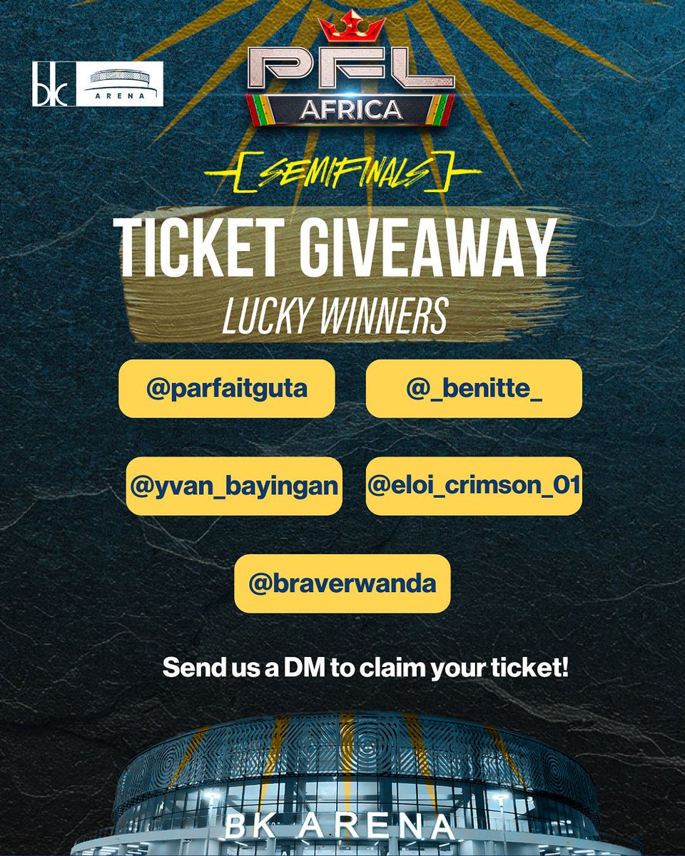 🎉 The winners are in!

Congrats to our PFL Africa Giveaway winners see you at BK Arena for an unforgettable night! 🥊

#PFLAfrica #BKArena #BKArenaIsYours #BKArenaNiYawe #PFLRwanda