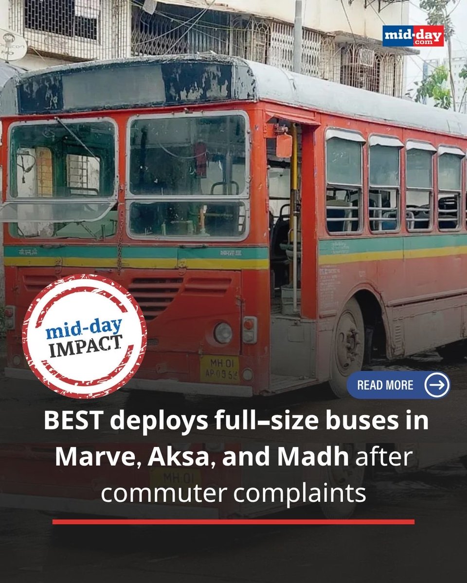 mid_day's tweet photo. Five days after report in paper about commuters of Marve, Aksa, Madh struggling with overcrowding, Malad depot has started deploying longer buses on routes. 

By: @rajtoday 

#BESTBus #MiddayImpact #Mumbai #MumbaiNews #Madh 

https://t.co/Z3c9jhr81L https://t.co/2JAXKOSuOS